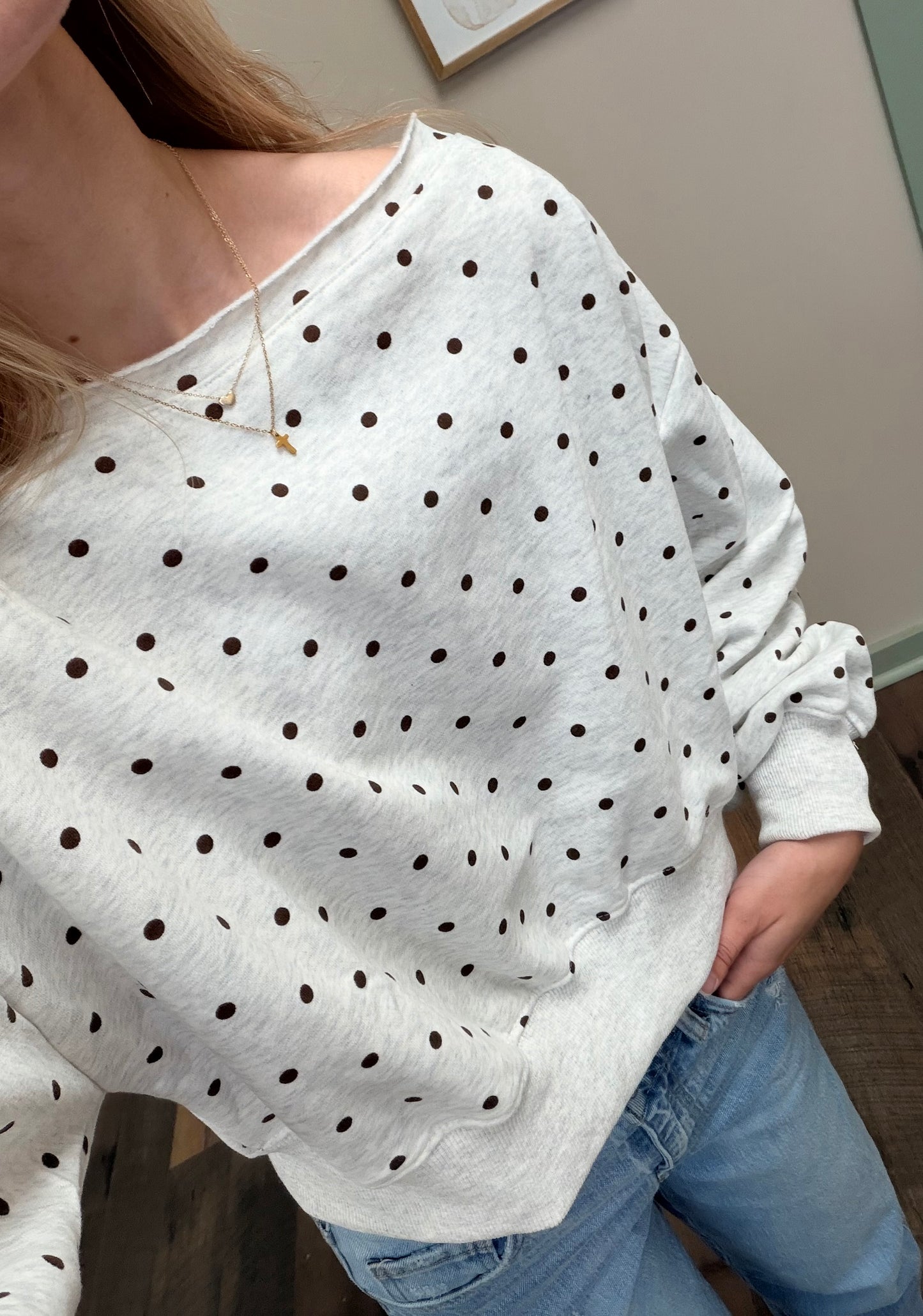 Brown Polka Dot Off Shoulder Crew