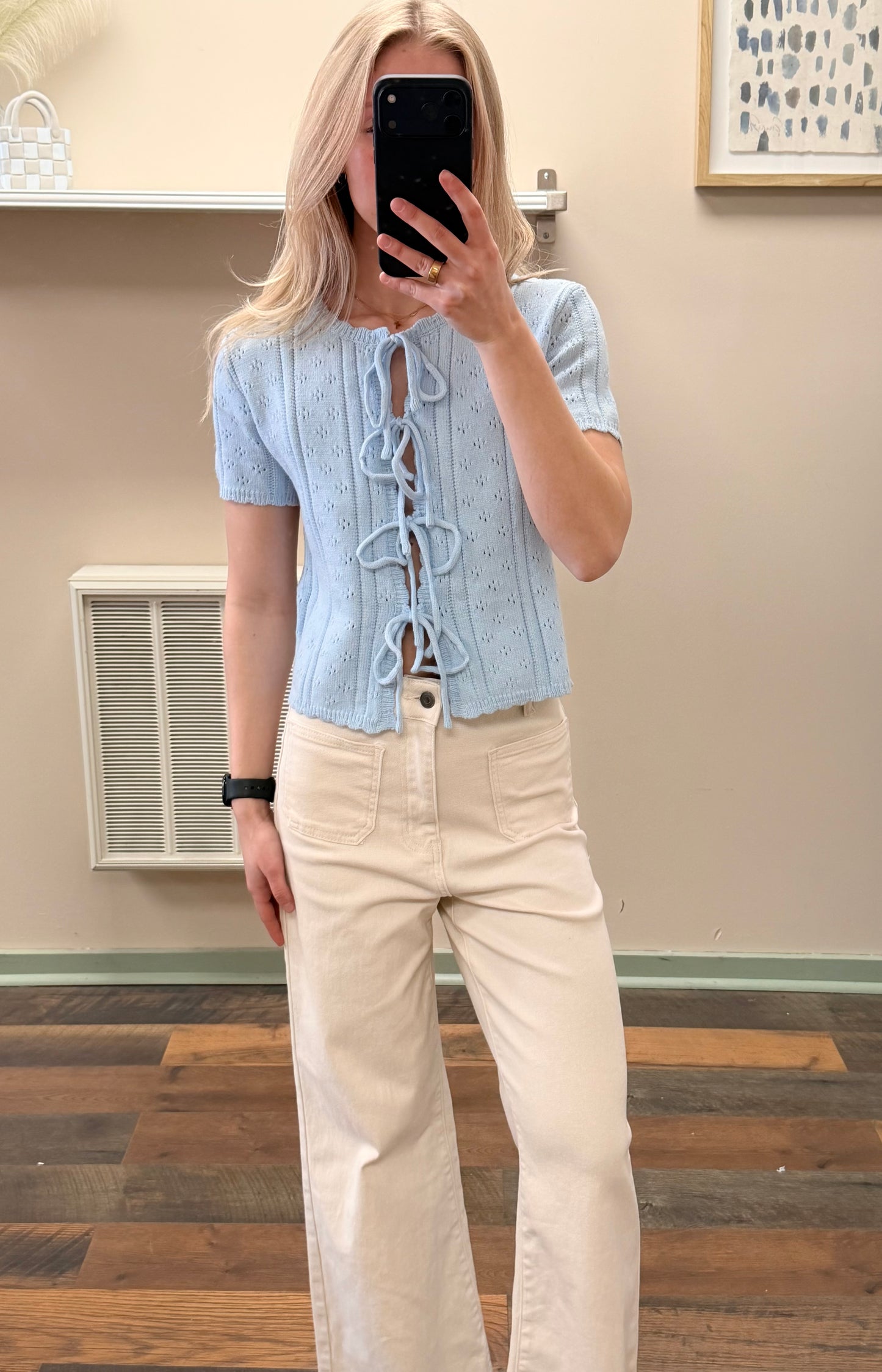 Blue Pointelle Tie Top
