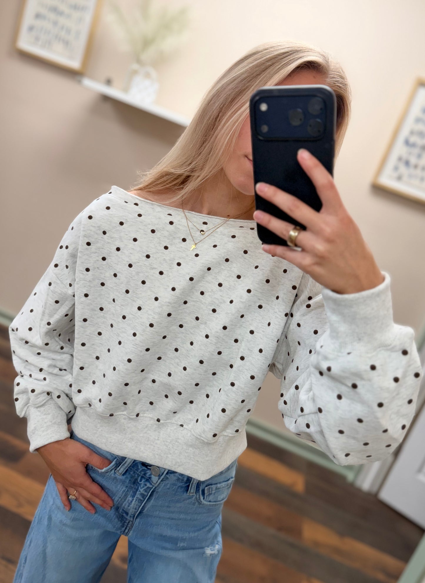Brown Polka Dot Off Shoulder Crew