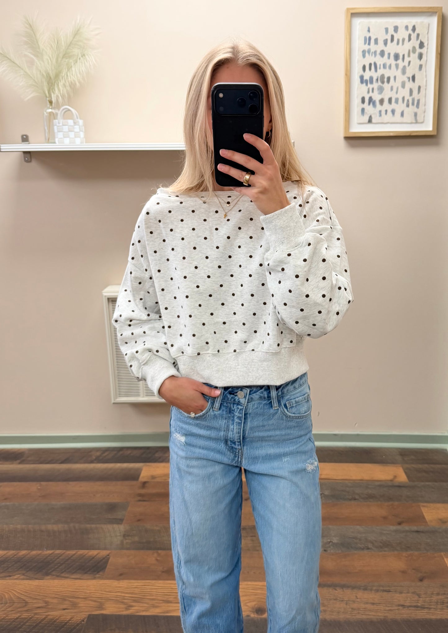 Brown Polka Dot Off Shoulder Crew