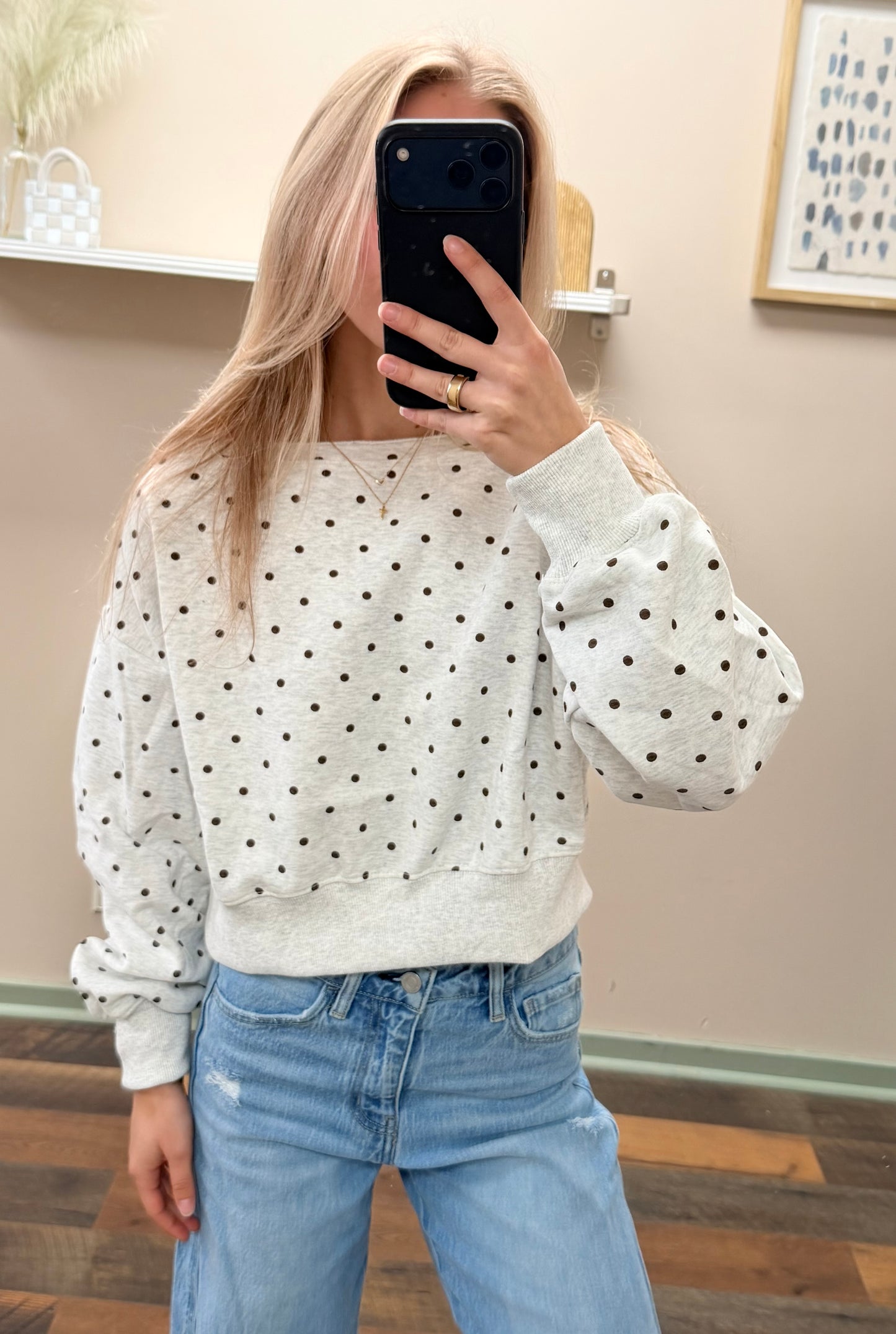 Brown Polka Dot Off Shoulder Crew