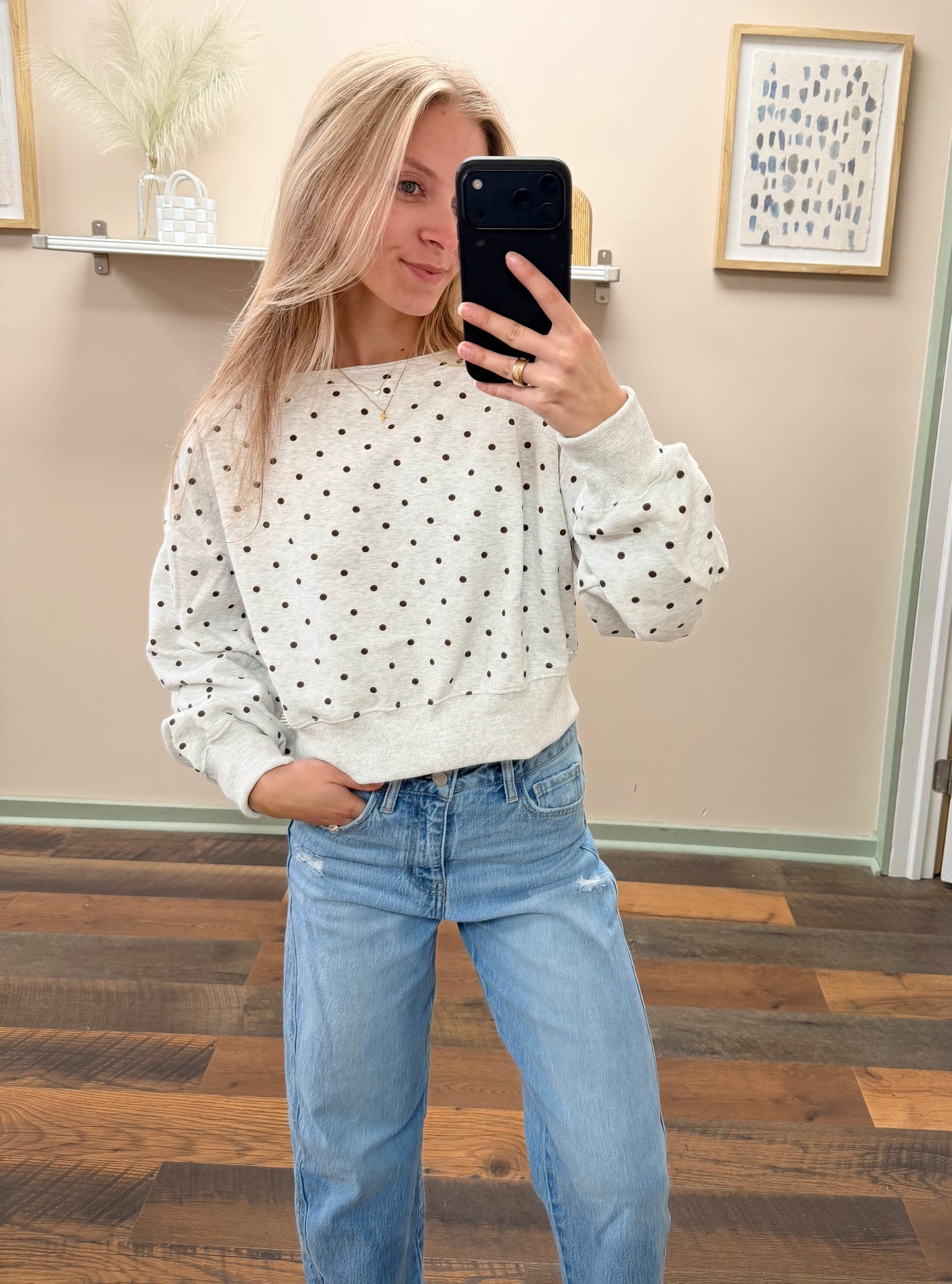 Brown Polka Dot Off Shoulder Crew