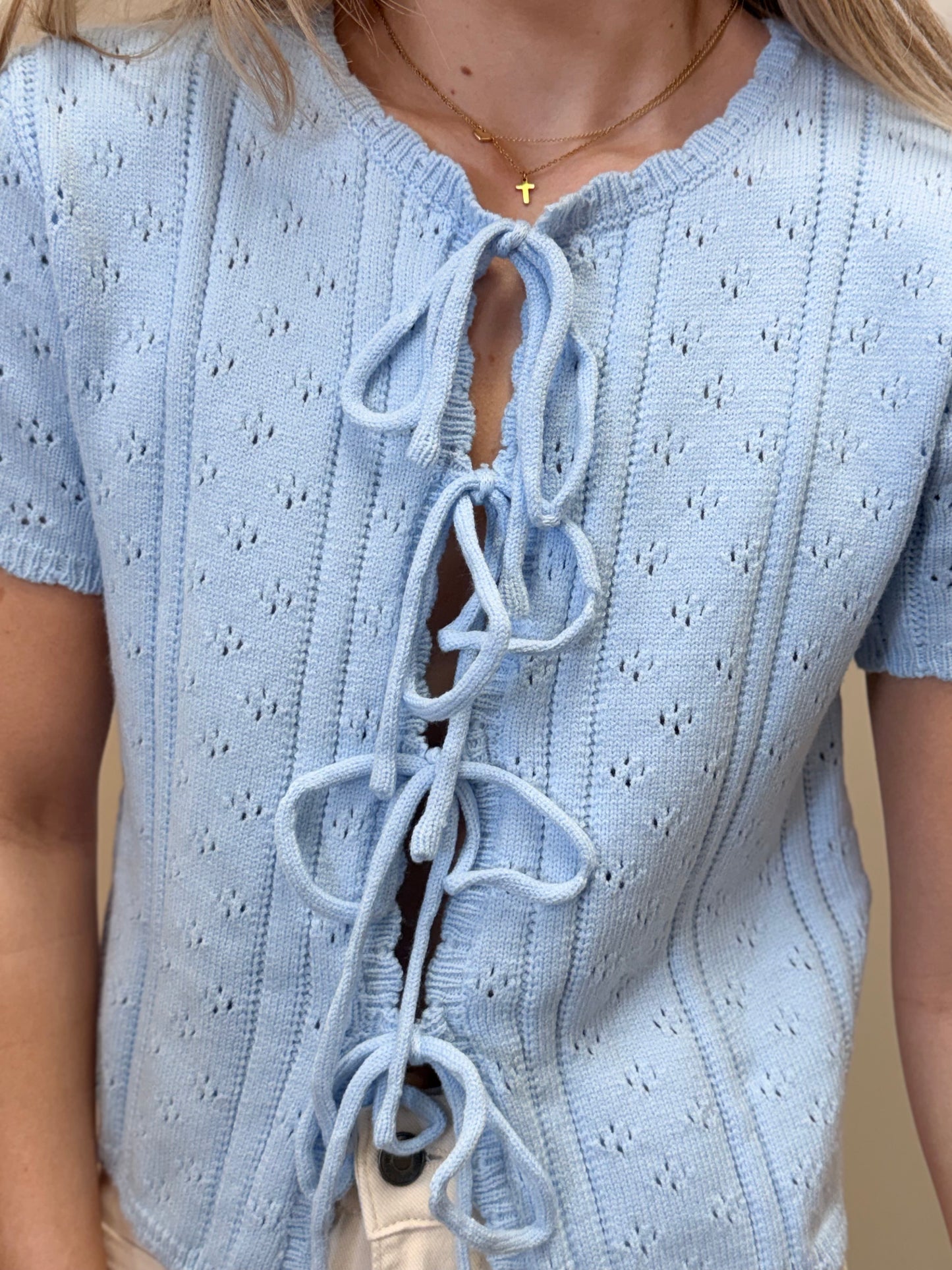 Blue Pointelle Tie Top