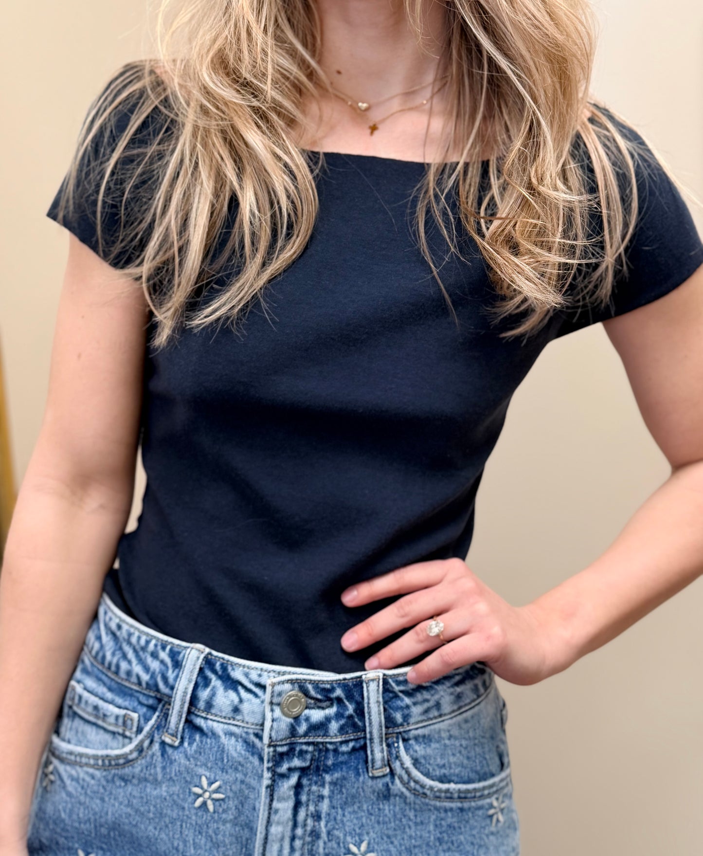 Navy Raw Edge Top