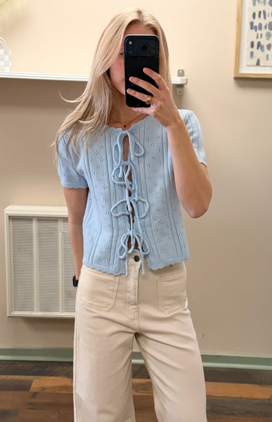 Blue Pointelle Tie Top
