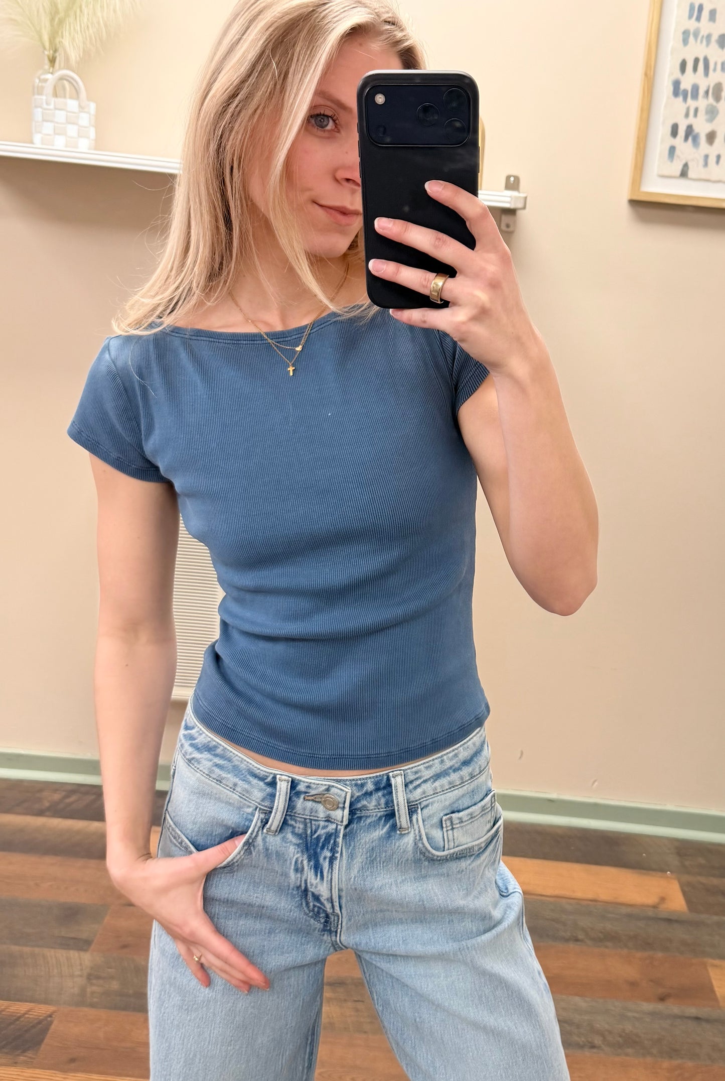 Vintage Blue Boat Neck Top