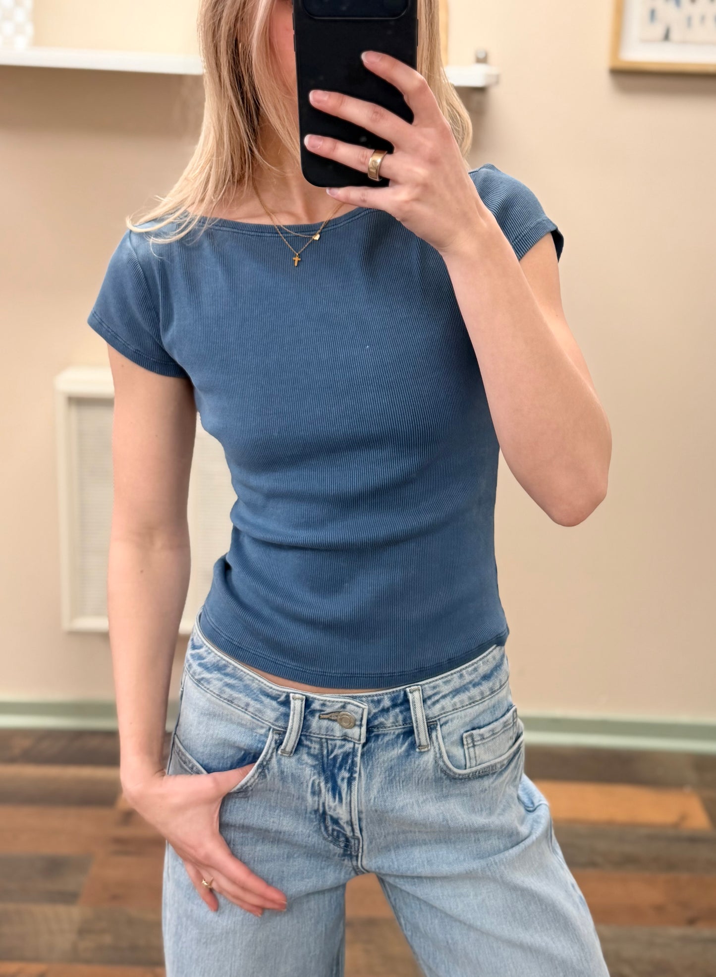 Vintage Blue Boat Neck Top